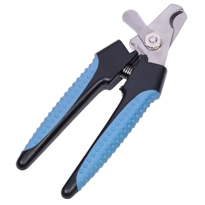 Krallenschere mit schwarzen Griffen und blauen, strukturierten Gummieinsätzen; Metallklingen mit sichtbarer Federverbindung.