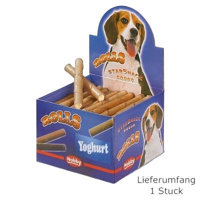 Karton mit mehreren gerollten Hundesnacks, hellbeige Farbe, leicht glänzende Oberfläche, einige Rollen liegen gestapelt im offenen Karton.