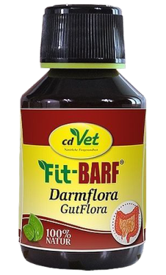 cdVet Fit-Barf Darmflora Braune Flasche mit weißem Sprühkopf. Etikett „VeaVet WundEx Spray“ in Grün und Weiß mit Text: „WoundEx Spray“, „aVet“, „Natürliche Tiergesundheit“.