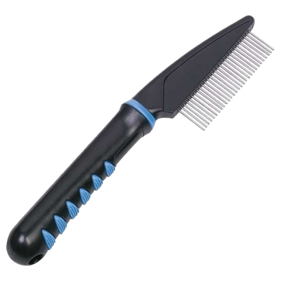 Schwarzer Kamm mit blauen Griffakzenten und feinen, eng stehenden Zinken entlang des Kammbereichs.