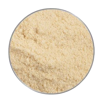 Ein hellbeiges, feinkörniges Pulver mit leichter Struktur, gleichmäßig verteilt in einer runden, flachen Schale mit silbernem Rand.