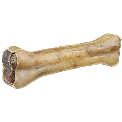 Großer, hellbrauner Kauknochen mit glatter Oberfläche. Ein Ende ist sichtbar angekaut, die Form ist klassisch länglich.