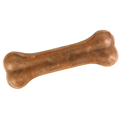 Brauner Kauknochen für Hunde mit glatter, fester Oberfläche. Die Form erinnert an einen klassischen Knochen, das Material wirkt robust und leicht glänzend.