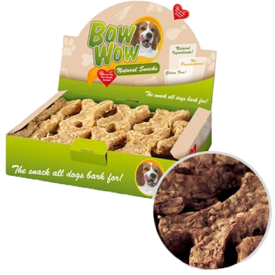 Grüne Box mit „Bow Wow Natural Snacks“, Knochen-förmige Hundesnacks, Aufdruck: „Natural Ingredients“, „Gluten Free“, „No Preservatives“.