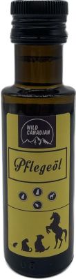 Eine braune Glasflasche mit schwarzem Schraubverschluss und gelbem Etikett der Marke „Wild Canadian“. Darauf steht „Pflegeöl“. Abgebildet sind Silhouetten von Hund, Katze, Pferd, Nager und Vogel
