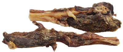 Zwei Stücke getrocknetes Fleisch mit rauer, faseriger Oberfläche, unregelmäßiger Form und braunen Farbtönen mit helleren Fettanteilen.