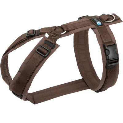 Braunes Hundegeschirr mit mehreren verstellbaren Riemen, Kunststoffschnallen und einem glänzenden Metallring. Die Oberfläche wirkt glatt und robust.