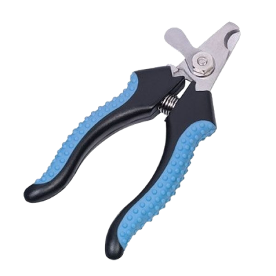 Krallenschere mit schwarzen Griffen und blauen, strukturierten Gummieinsätzen; Metallklingen mit sichtbarer Federverbindung.