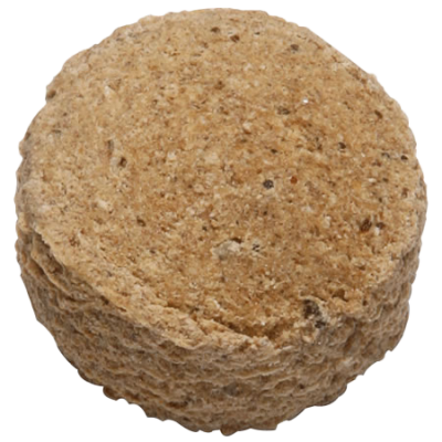 Ein einzelner, hellbrauner Hundekeks in runder, flacher Form mit leicht rauer, poröser Oberfläche.