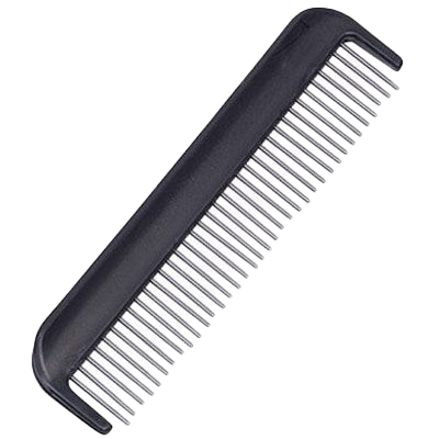 Schwarzer Kunststoffkamm mit feinen, gleichmäßig angeordneten Zinken und einem Griff an einem Ende.