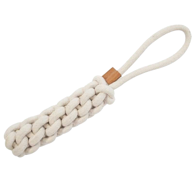Beigefarbenes, geflochtenes Seil mit Schlaufe an einem Ende und angenähtem Lederetikett nahe der Schlaufe.