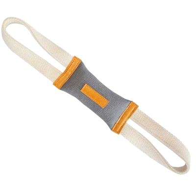 Stoffgriff mit zwei Schlaufen, grauem Mittelteil mit orangefarbener Naht und Patch, sowie beigen, gewebten Enden.