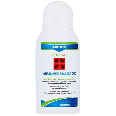 Flasche „Canina PETVITAL VERMINEX SHAMPOO“ mit Text zum natürlichen Schutz vor Ungeziefer bei Haustieren. Hinweise zu Wirkung, Hautverträglichkeit und Fellpflege.