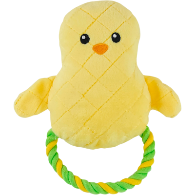 Ein gelbes, rautenförmig gestepptes Küken-Plüschspielzeug mit schwarzen Augen und orangem Schnabel. Unten befestigt ist ein grün-gelb gedrehter Baumwoll-Taugriff.