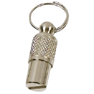 Zylindrischer Adressanhänger aus Metall mit Schraubverschluss und Ring zur Befestigung am Hundehalsband.