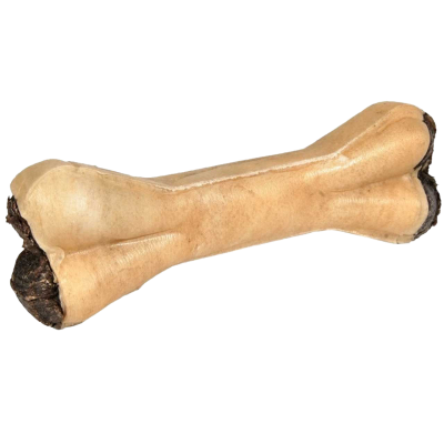 Großer, cremefarbener Kauknochen für Hunde mit glatter, leicht glänzender Oberfläche; beide Enden dunkelbraun gefärbt.