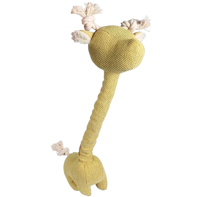 Gelbes, gestricktes Giraffen-Hundespielzeug mit langem Hals und kleinen Knoten an Ohren und Schwanz.