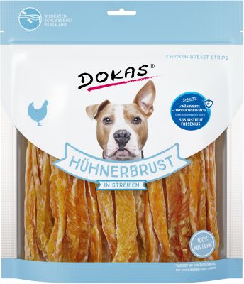 Verpackung in Weiß und Blau mit durchsichtigem Sichtfenster, Hundebild oben, glatte Oberfläche, wiederverschließbar, mit klaren Symbolen und Farbkontrasten.