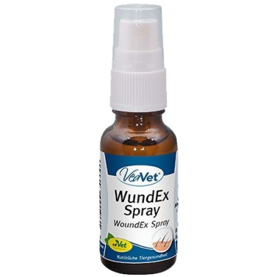 Braune Flasche mit weißem Sprühkopf. Etikett „VeaVet WundEx Spray“ in Grün und Weiß mit Text: „WoundEx Spray“, „aVet“, „Natürliche Tiergesundheit“.