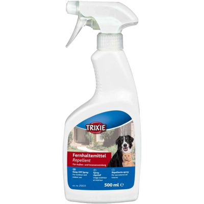 Weiße Sprühflasche mit blau-rotem Etikett, darauf grafische Darstellung von Hund und Katze sowie farbige Textblöcke und klare Linien.