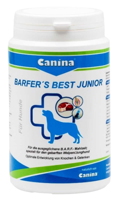 Weiße Dose mit blau-grüner Aufschrift „Canina BARFER'S BEST JUNIOR“. Abbildung eines Hundes vor Kreuzsymbol, dazu Icons für Fleisch, Fisch und Nährstoffe