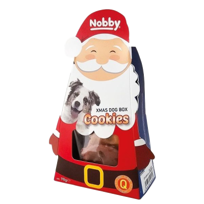 Eine weihnachtliche Hunde-Keksbox in Form eines Weihnachtsmanns mit roter und weißer Kartonverpackung, Sichtfenster vorne und abgebildetem Hundekopf auf der Vorderseite.