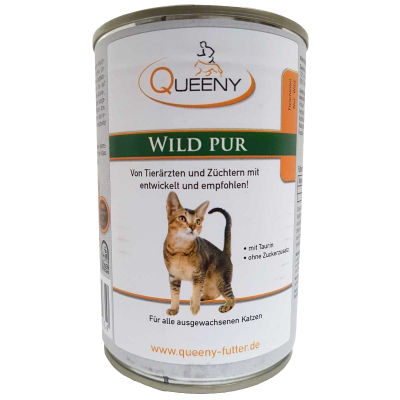 Dose Katzenfutter der Marke Queeny mit gelbem Etikett, Aufschrift ‚Wild pur‘ sowie weiteren Angaben zur Zusammensetzung und Eignung.