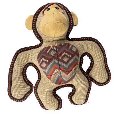 Hundespielzeug in Affenform aus beigem Stoff mit strukturierter Oberfläche. Lange Gliedmaßen mit schwarzer und orangefarbener Naht, gemusterter Brustbereich, gesticktes Gesicht.