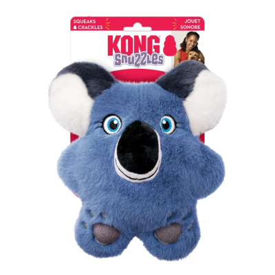 Blaues Plüschspielzeug in Koalaform mit großen Ohren, blauer Nase und Verpackung der Marke KONG Snuzzles.