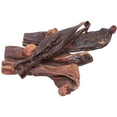 Mehrere unregelmäßig geformte, dunkelbraune Fleischstücke mit teils gekräuselter Oberfläche. Die Happen sind kompakt, teils mit dicken Enden oder kleinen Knorpelkugeln.