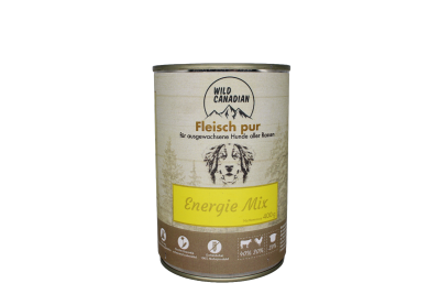 Eine Hundefutterdose mit beigem Etikett und der Aufschrift „Energie Mix“. Unten sind Symbolbilder von Rind, Geflügel und Becher auf braunem Hintergrund abgebildet.