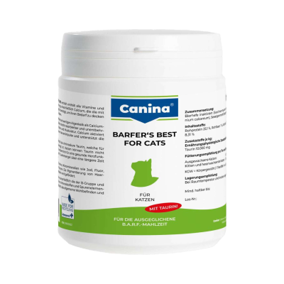 Weiße Dose mit blau-grüner Gestaltung. Aufschrift „Canina BARFER'S BEST – Für 100 Tage Komplementärfutter“. Abbildung eines Hundekopfs in der Mitte.