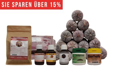 Ein vielseitiges BARF-Paket mit pyramidenförmig gestapelten Frostfleischrollen in grauem Kunstdarm. Davor stehen Flachbeutel mit rotem Inhalt, ein brauner Standbeutel, vier kleine Fläschchen und zwei Dosen.