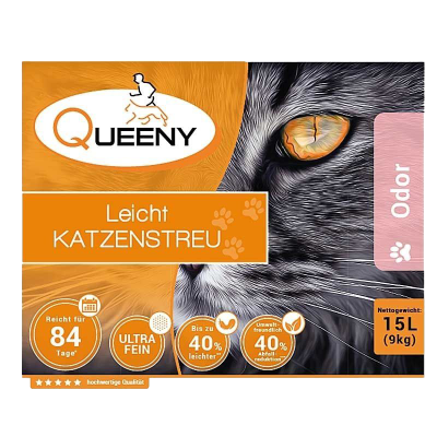 Verpackung Queeny Katzenstreu mit Bild einer Katze mit orangefarbenen Augen, Aufschrift ‚Leicht Katzenstreu‘ und Angaben zu Ergiebigkeit, Gewicht und Umweltfreundlichkeit.