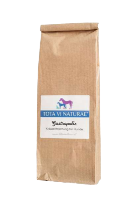 Braune Papiertüte mit Etikett, darauf Illustration eines lilafarbenen Pferdes, eines blauen Hundes und einer blauen Katze, unten weiße Pfote mit Schriftzug.