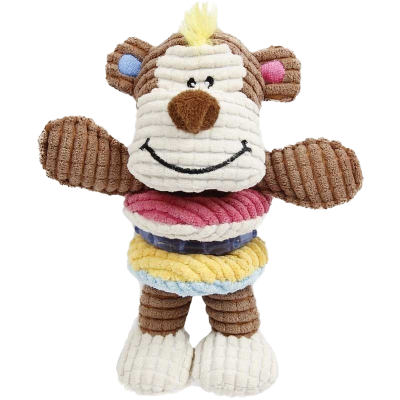 Plüschaffe mit braunem Körper, weißem Gesicht und Füßen, bunten Ringen um die Taille, gelber Haarbüschel, gesticktes Gesicht, strukturierter Stoff.