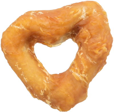 Ein getrockneter Kauartikel für Hunde in Donutform, hellbraun bis goldgelb gefärbt. Die Oberfläche wirkt leicht glänzend, unregelmäßig und zäh mit sichtbar faseriger Struktur.