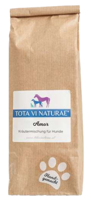 Braune Papiertüte mit Etikett, darauf Illustration eines lilafarbenen Pferdes, eines blauen Hundes und einer blauen Katze, unten weiße Pfote mit Schriftzug.