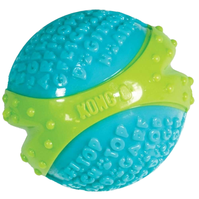 Blau-grüner Hundespielball mit strukturierter Oberfläche, erhabenen Buchstaben und KONG-Prägung auf dem grünen Bereich.