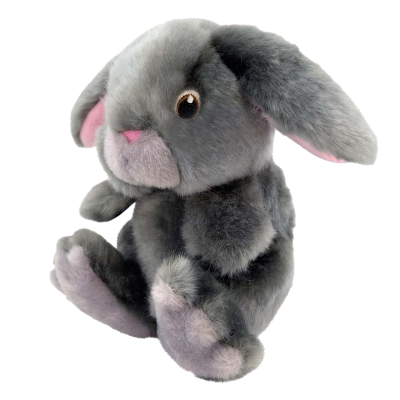 Graues Plüschhäschen mit weichem, flauschigem Fell, langen Schlappohren mit rosa Innenfutter, sitzender Form mit angehobenen Pfoten und rundem Kopf.
