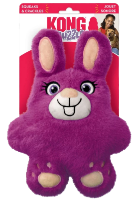 Lila Plüschspielzeug in Hasenform mit großen Ohren, zwei Schneidezähnen und Verpackung mit KONG-Logo.