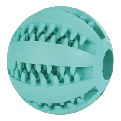 Türkisfarbener Gummiball mit mehreren Reihen konischer Spikes, umlaufenden Rillen und einer Öffnung auf einer Seite.