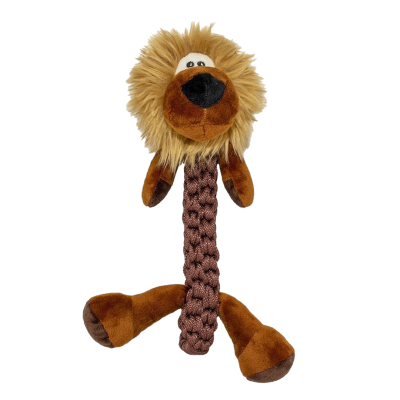  Hundespielzeug in Löwenform mit Plüschkopf, Mähne, Armen und Beinen sowie einem geflochtenen Seilkörper in Braun.