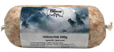 Eine Frostfleischrolle mit hellbeigem Inhalt und der Aufschrift „Hühnerfett“. Verpackt in einem nicht essbaren Kunstdarm. Die Füllung ist gewolft und glatt strukturiert.