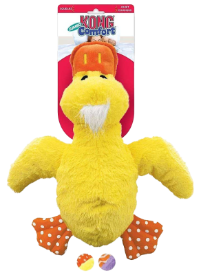 Gelbes Plüschspielzeug in Entenform mit orangefarbenem Schnabel und Füßen mit weißen Punkten, dazu zwei kleine Bälle in Gelb und Lila.