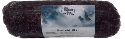 Eine Frostfleischrolle mit weiß-blauem Etikett und der Aufschrift „Hirsch Vital 1000 g“. Verpackt in einem nicht essbaren Kunstdarm. Die Füllung ist fein gewolft und dunkelrot.