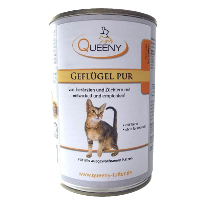 Dose Katzenfutter der Marke Queeny mit gelbem Etikett, Aufschrift ‚Geflügel pur‘ sowie weiteren Angaben zur Zusammensetzung und Eignung.
