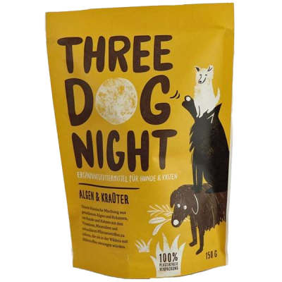 Verpackung von Three Dog Night Algen & Kräuter, Ergänzungsfutter für Hunde & Katzen, mit türkisfarbenem Design und Hinweis auf 100 % plastikfreie Verpackung, 150 g.
