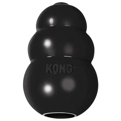 Schwarzes KONG-Hundespielzeug aus Gummi mit drei kugelförmig verbundenen Segmenten. In der Mitte ist der Markenname eingeprägt.