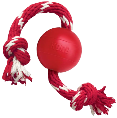 Roter Gummiball mit KONG-Prägung, befestigt an einem rot-weiß geflochtenen Seil mit Knoten an beiden Enden.